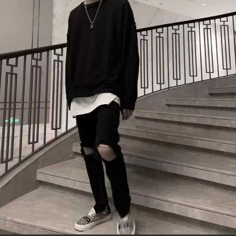 

Fashion Jeans Men's Pants Fog High Street Ripped Slim Little Beggars Trendy Men Ins Versatile Justi Biberfashion Hip Hop Fit, Black