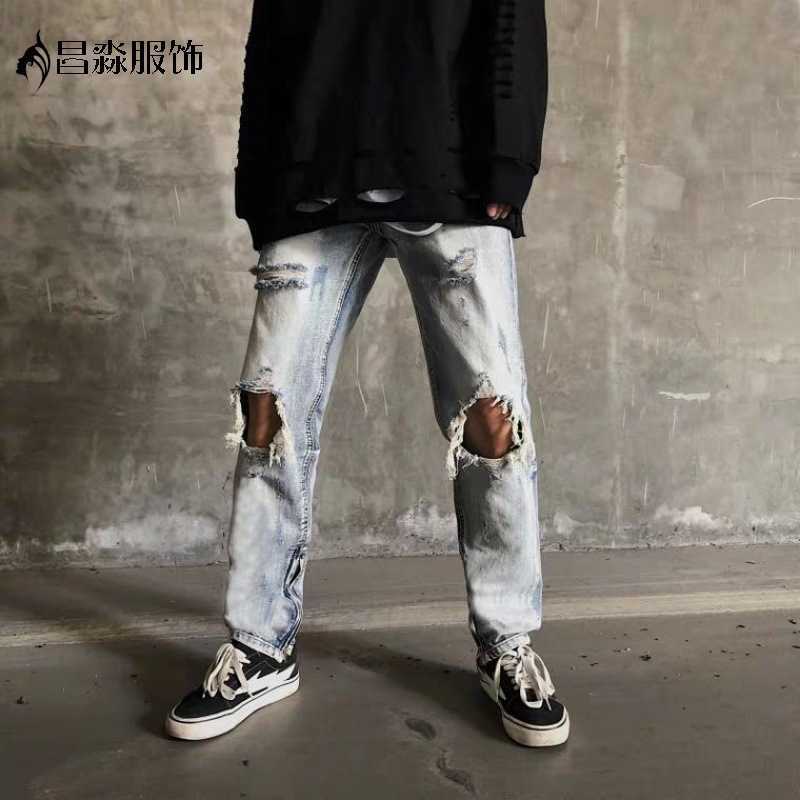 

Pants Men's Fog Jeans Fashion Street Broken Men Tassels Beggar Hip Hop Ins Versatile Slim Justi Biber Ripped Fit Designer Luxury, 7722 light youth notes