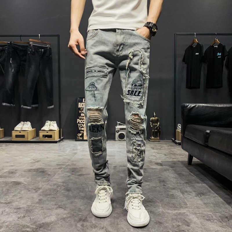 

Pants Men' Fog Jeans Fashion Slim Fit Men Thin Hole Patch Cropped Elastic Skull Printed Beggar Justi Biber Ripped Hip Hop Designer, Fashion pants house 098