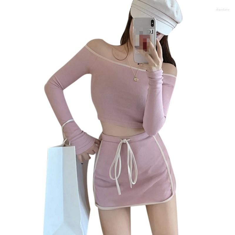 

Work Dresses Women's Two Piece Set Casual Slash Neck Long Sleeve Short Top High Waist Skirt Sports Style Outfits