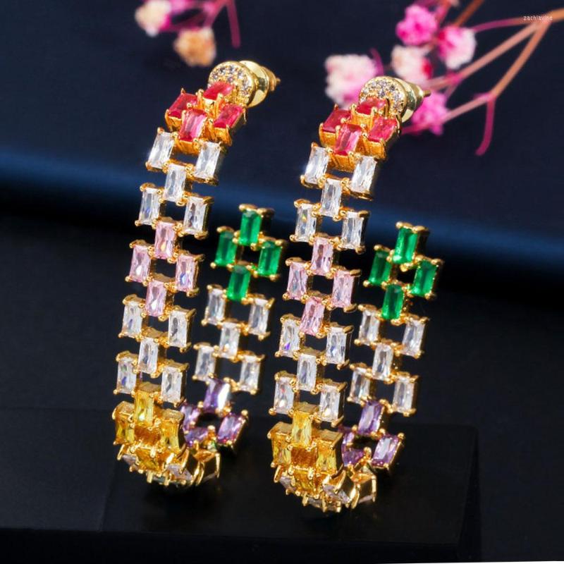 

Hoop Earrings ThreeGraces Trendy Colorful Cubic Zirconia Big Geometric Hollow Out Gold Color For Women Jewelry Accessories ER364