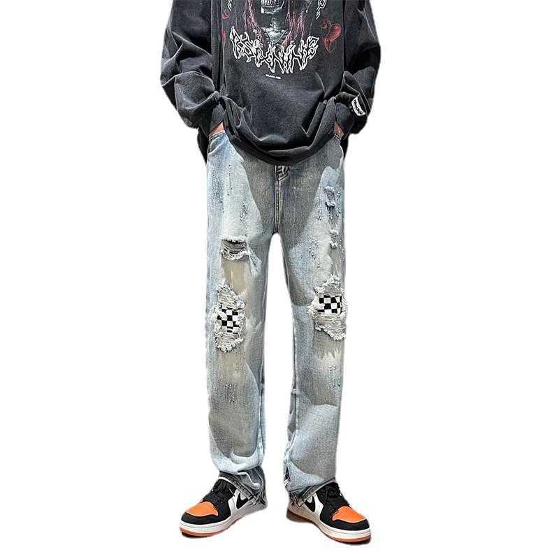 

Pants Men' Fog Jeans Fashion Broken Chessboard Ins High Street Design Straight Tube Brand Ruffian Justi Biber Ripped Hip Hop Slim Fit, Blue
