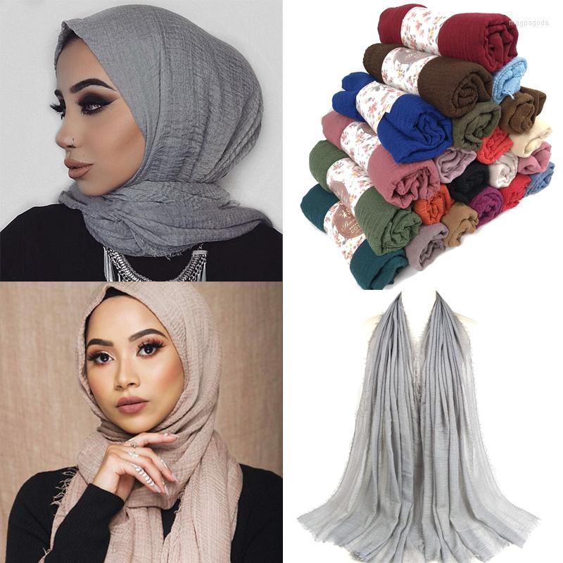 

Ethnic Clothing Muslim Women Scarf Hijab Soft Wrinkled Linen Sold Color Vintage Shawl Islamic Turban 170 70cm Eid Ramadan Shayla Girls