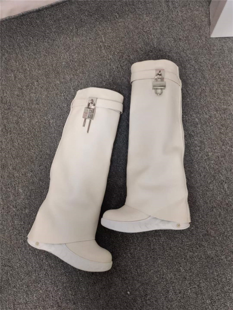 

Designer Luxury Shark Lock Wedge Knee White Leather Boots Women's boot with With Original box