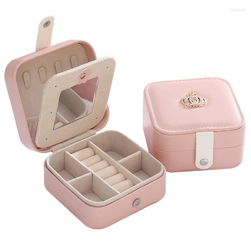 

Jewelry Pouches Double Layer Portable Storage Organizer Earring Holder Box Metal Button Women Jewellery Display Mirror TraveL Case