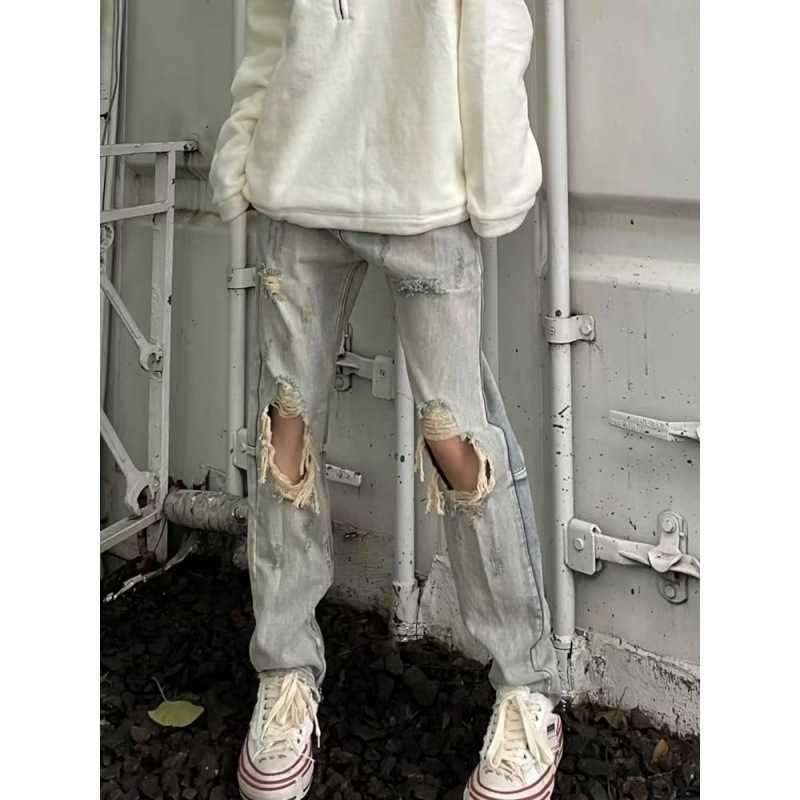 

Pants Jeans Fashion Men' Fog Hiphop Washed Ripped Men Women Brands Ins High Street Zipper Design Straight Casual Trousers Justi Biber Hip, Yellow mud color