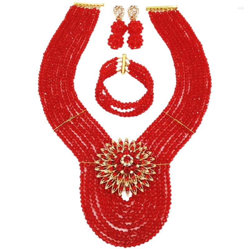 

Necklace Earrings Set Fashion Red African Beads Jewelry Crystal Nigerian Wedding Bracelet Sets 8WD06, Picture shown
