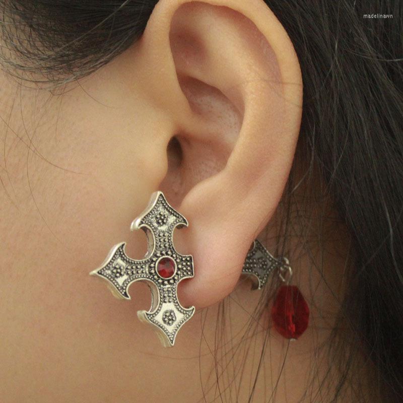 

Stud Earrings Halloween 1PC Piercing Cross For Women Goth Silver Color Red Crystal Steampunk Vintage Pattern Ear Jewelry Gift VGE207