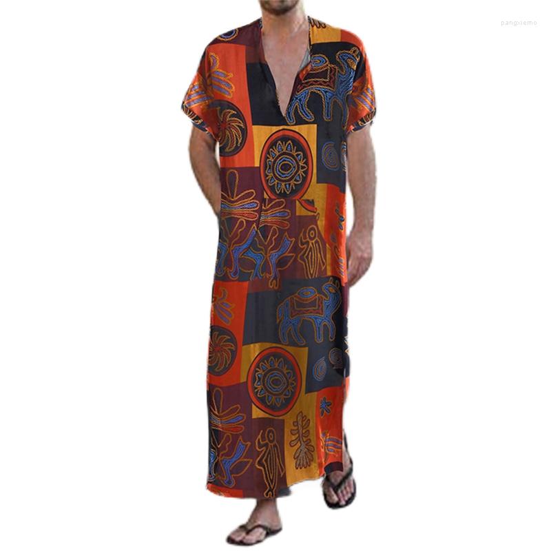

Ethnic Clothing Muslim Robe Comfortable Dress Print Breathable Middle East Jubba Thobe Short Sleeves