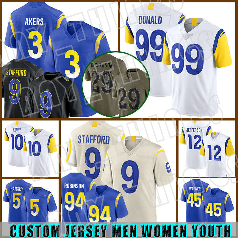 

99 Aaron Donald 9 Matthew Stafford Football Jersey Bobby Wagner Rams 10 Cooper Kupp 5 Jalen Ramsey Andrew Whitworth Los Angeles Cam Akers Jared Goff Eric Dickerson, Custom men (g y)
