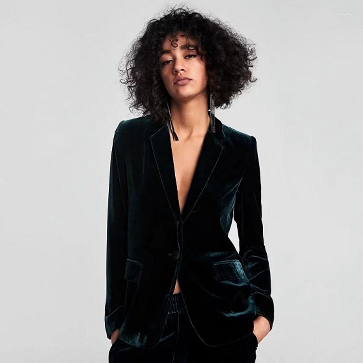 

Women' Suits Autumn/Winter Dark Green Velvet Expensive Commuter Fashion Simple One Button V-neck Pocket Office Beauty Plus Size Blazer