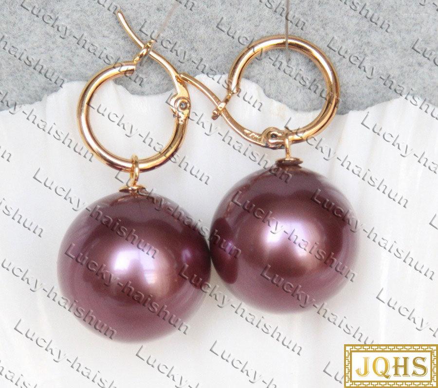 

Stud Earrings Dangle 20mm Round Wine Red South Sea Shell Pearls 14K/20 Gold Hoop C555 Flower Earing