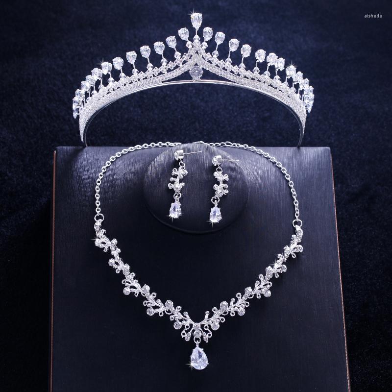 

Necklace Earrings Set Luxury Wedding Bridal CZ Cubic Zirconia Tiara For Women Hair Accessories Girl King Princess Crown, Picture shown