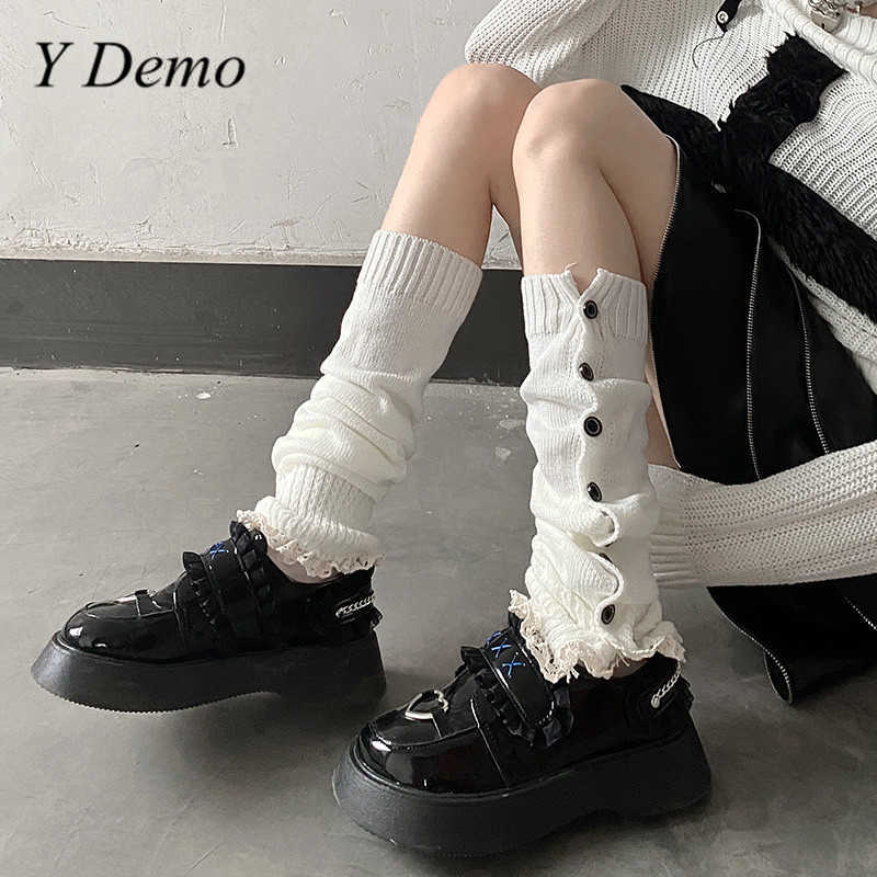 

Socks Hosiery Y Demo Grunge Y2k Elastic Side Buttons Lace Patchwork Women Mid-calf Leg Warmers Autumn Winter T221107, White