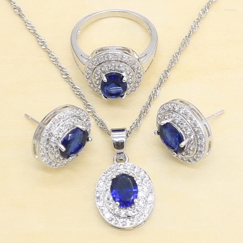 

Necklace Earrings Set Blue Crytal White Zirocn Silver Color For Women 4 Colors Stud Pendant Rings Gift Box, Picture shown