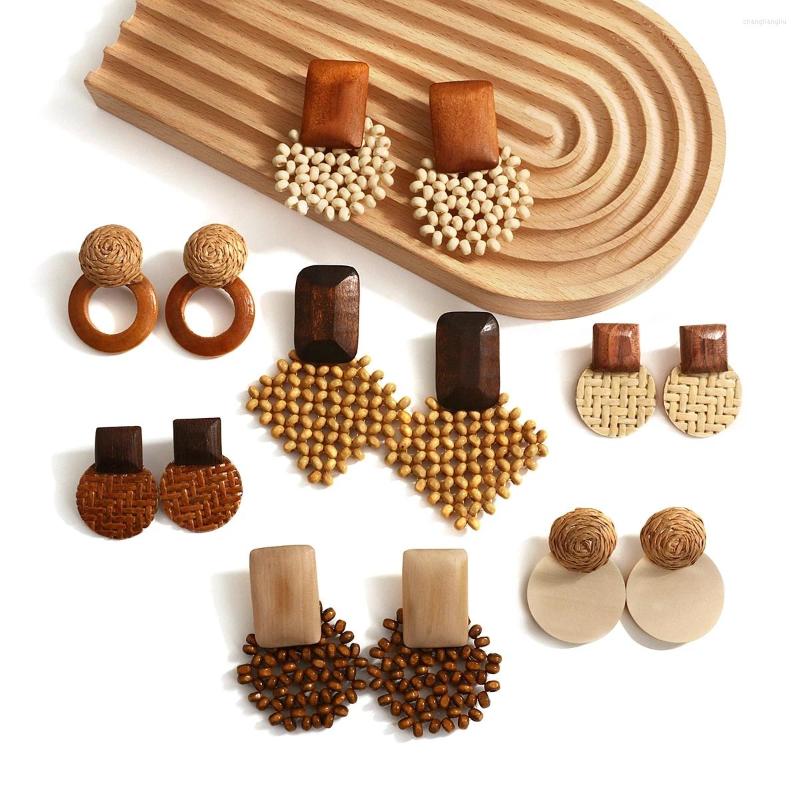 

Dangle Earrings AENSOA 8 Styles Bohemian Handmade Geometric Wooden Drop For Women Ethnic Boho Statement Earring Jewelry Wholesale Gift