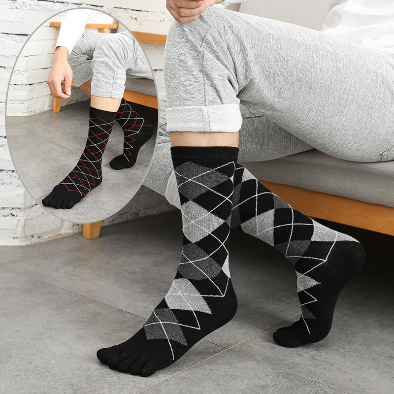 

Men's Socks 5 Pairs Men Calf With Toes Classic Black Striped Plaid Five Fingers Sock Japanese High Quality Cotton Business Long, Solid color