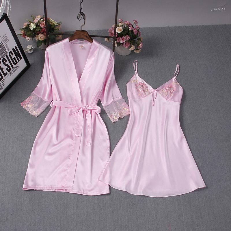 

Women's Sleepwear Summer 2PCS Women Embroidered Bride Robe Sets Rayon Strap Top Nightgown&Kimono Lace Trim Sleep Suit Bathrobe Lingerie, Color 2