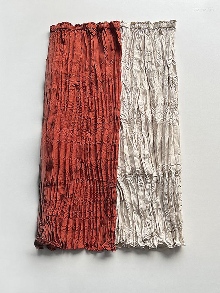 

Skirts Women Elastic Waist Silk Midi Skirt Pleated Temperament 2022 Autumn Ladies Solid Color Fashion Long Jupe