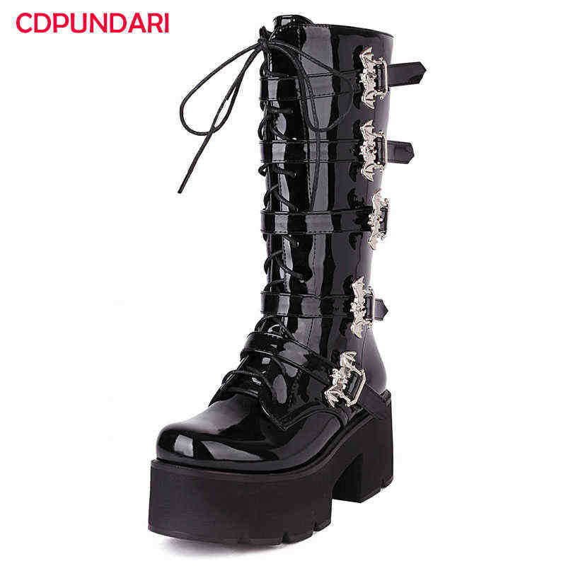 

Black High Heels Calf Boots Women Autumn Winter Platform Punk Goth Motorcycle Demonia Shoes Bottes Plateforme Femme J220805