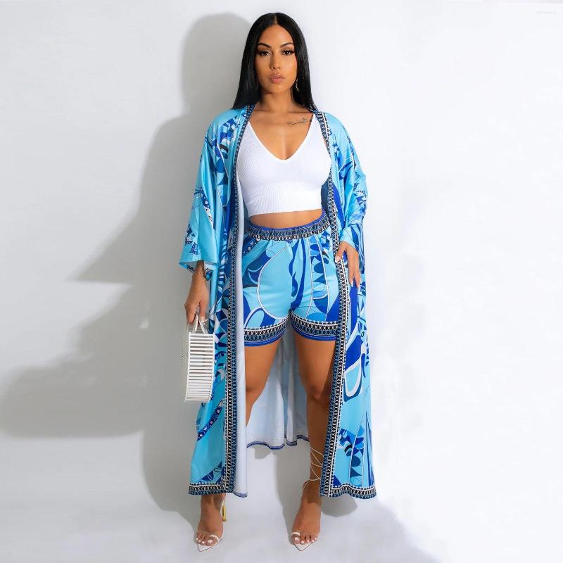 

Women' Tracksuits 2022 Autumn Fashion Print Two 2 Piece Set Women Casual Coats Shirts Coat And Elastic Waist Shorts Loose Outfits, Blue