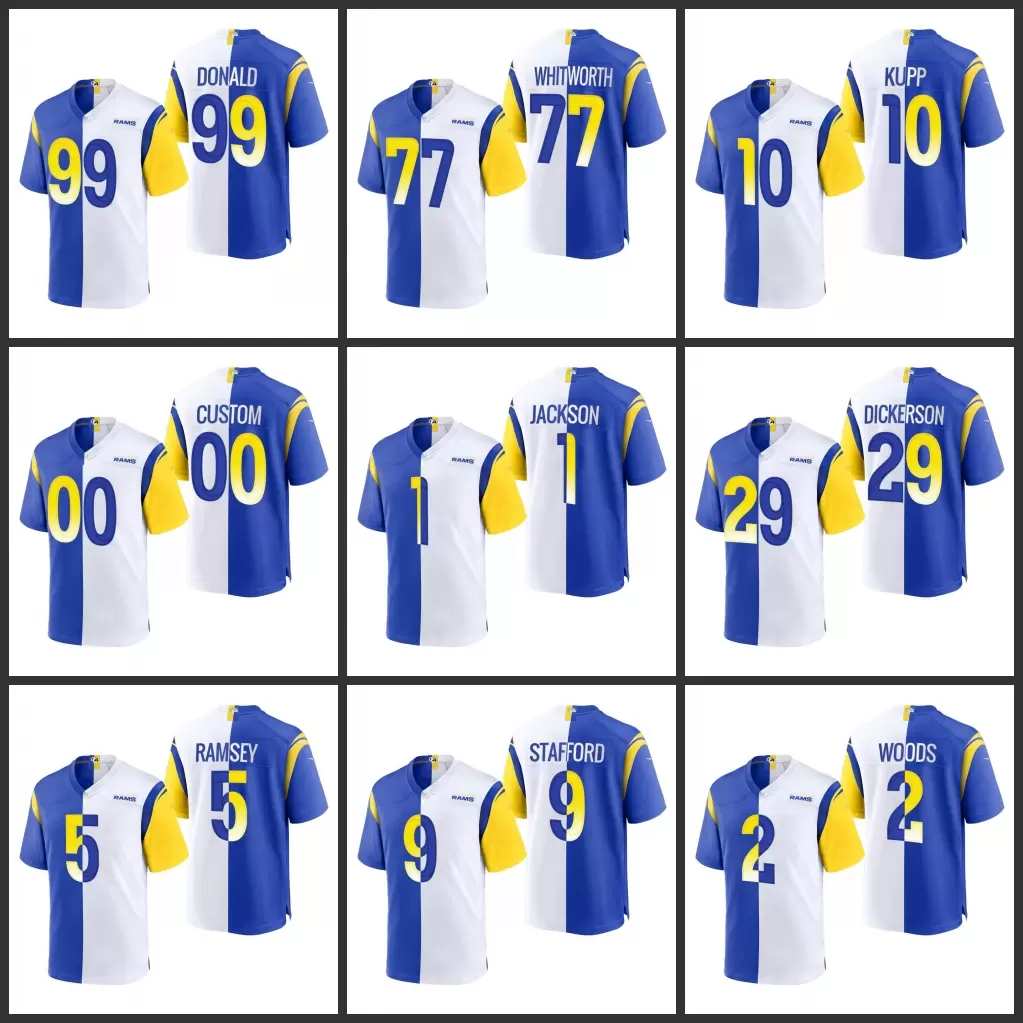 

Jerseys Los Angeles''Rams''Men #1 DeSean Jackson 10 Cooper Kupp 9 Matthew Stafford 99 Aaron Donald Women Youth Custom Royal White Game Split Jersey Custom, 15