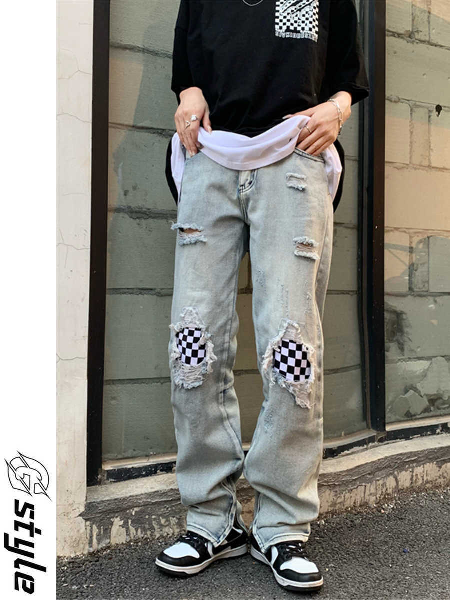 

Pants Men' Fashion Fog Jeans Women Design Niche Chessboard Mesh Slim Fitting High Street Perforated Straight Justi Biber Ripped Hip Hop, Checkerboard