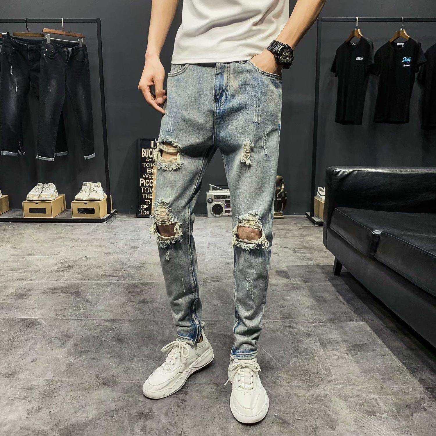 

Pants Jeans Fashion Men's Fog High Street Style Ripped Men Wash Cut Hip Hop Trendy Zipper Beggar Trousers Justi Biberfashion Slim Fit, Z7722 # main drawing payment