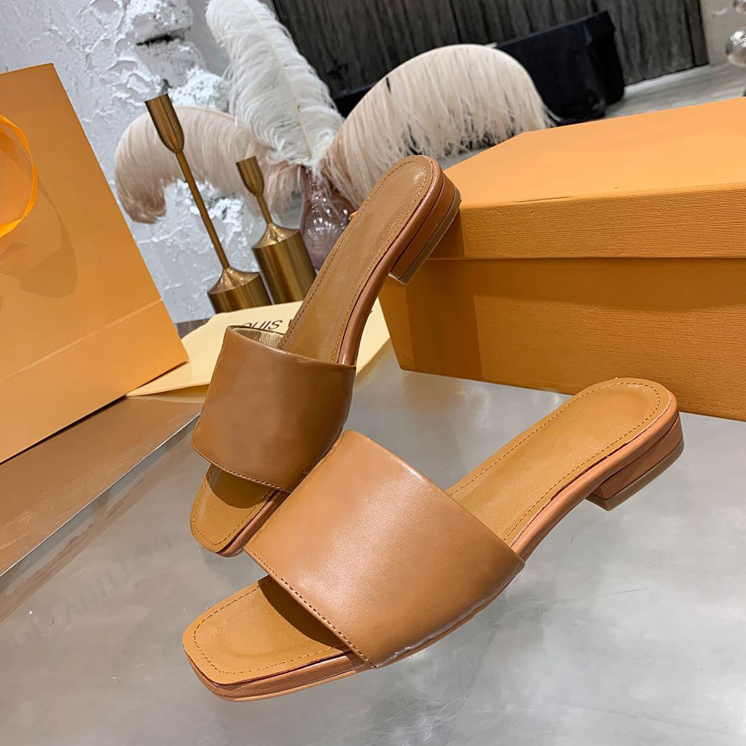 

Leather Embossed Letters Slippers Solid Colors Brown Orange Black Low Chunky Heels Women Slides