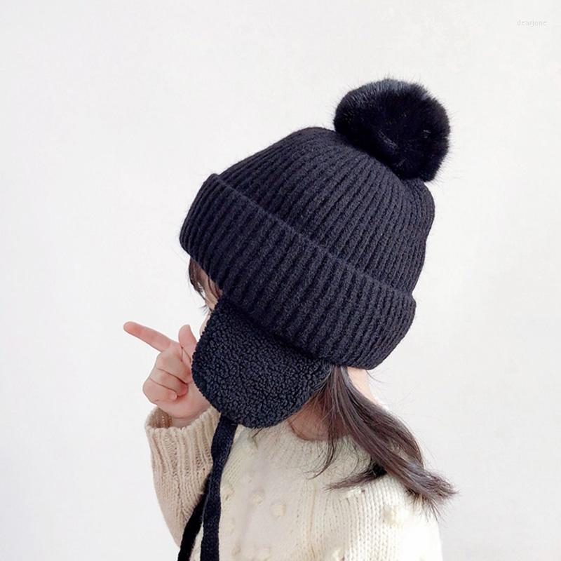 

Hats Winter Kids Hat With Plush Ear Flap Knitting Thick Beanie Cap Rib Cuff Pom Lined Warm Gift For Christmas Year's NYZ Shop, Apricot
