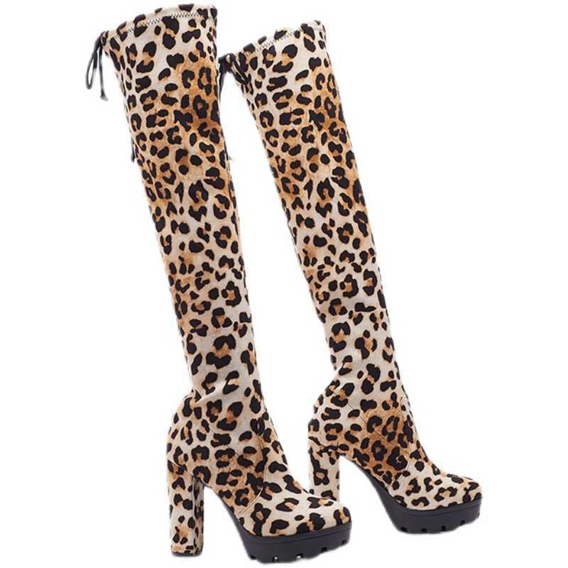 

Boots for women shoes Knee Length Boots Autumn And Winter New Sexy Leopard Print Slim Fashion thigh High Heel Thick, Black