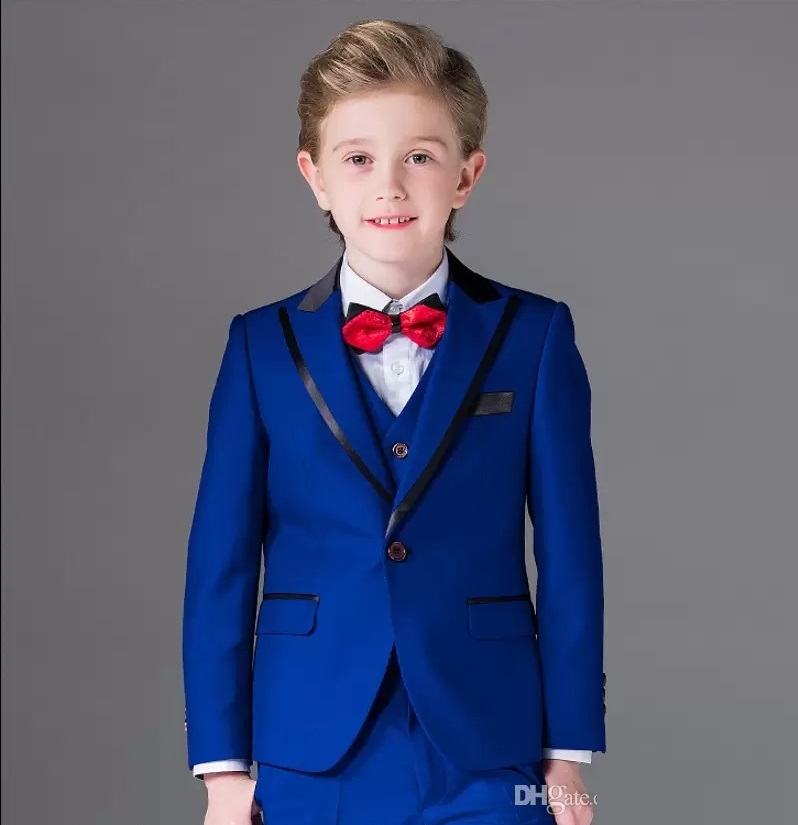 

One Button Boy Tuxedos Peak Lapel Children Suit Royal Blue/Red/Black Kid Wedding Prom Suits Jacket Vest Pants, Custom made from color chart
