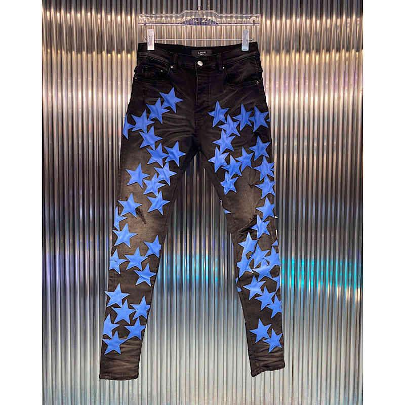 

amirs men jeans amirs 2022 new high street Vintage Black Large Area Pentagram patch leather hole Slim Fit Jeans Men's fashion Hip Hop