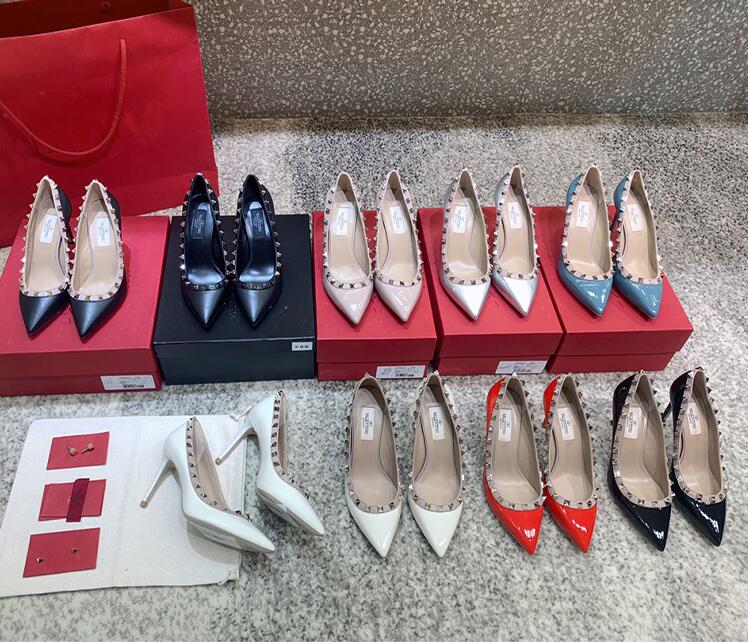 

brand Women High Heel Shoes 10cm Thin Heel Real Leather Women Wedding Shoes With Rivets Pumps Pointed Toe 34-43 Bag, 10