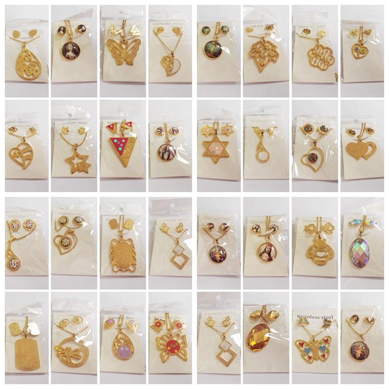

Necklace Earrings Set Random Wholesale 10Sets/Pack Stainless Steel For Women Girl Acrylic Crystal Geometric Gold Color Necklaces, Picture shown