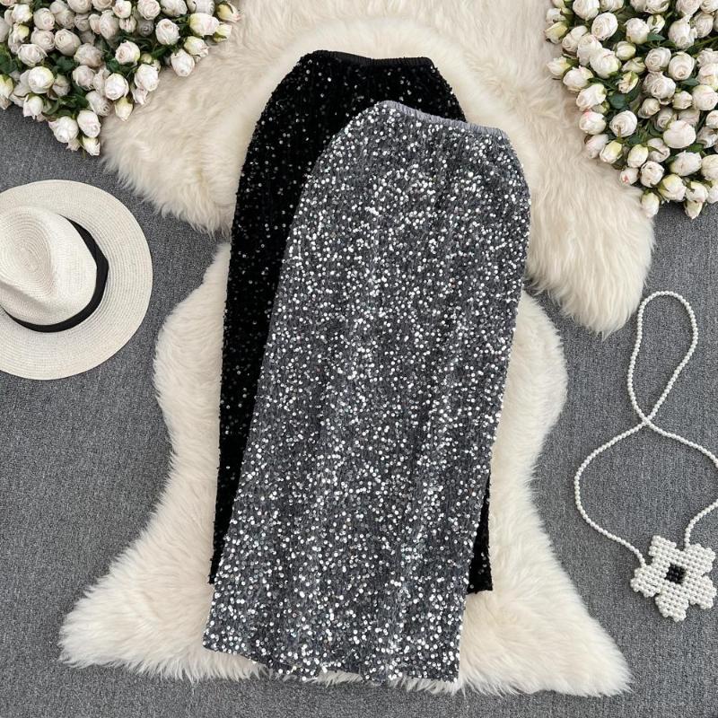 

Skirts Korean Fashion Midi Skirt Woman High Waist Side Slit Sequined Party Pencil Female Casual Mid Length Jupe Drop, Black