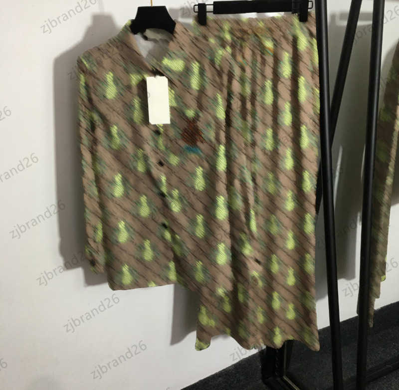 

Designer Womens Two Piece Pants Double G Pineapple Print Long Sleeve Lapel Shirt Tops Elastic Waist Peplum Wide-waisted Trousers High-end Brand Women Clothes 1970