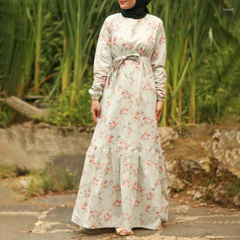 

Ethnic Clothing Pink Floral Maxi Dresses Full Sleeve Crew Neck Casual Printed Gowns Islamic Long For Women 2022 Muslim Spring