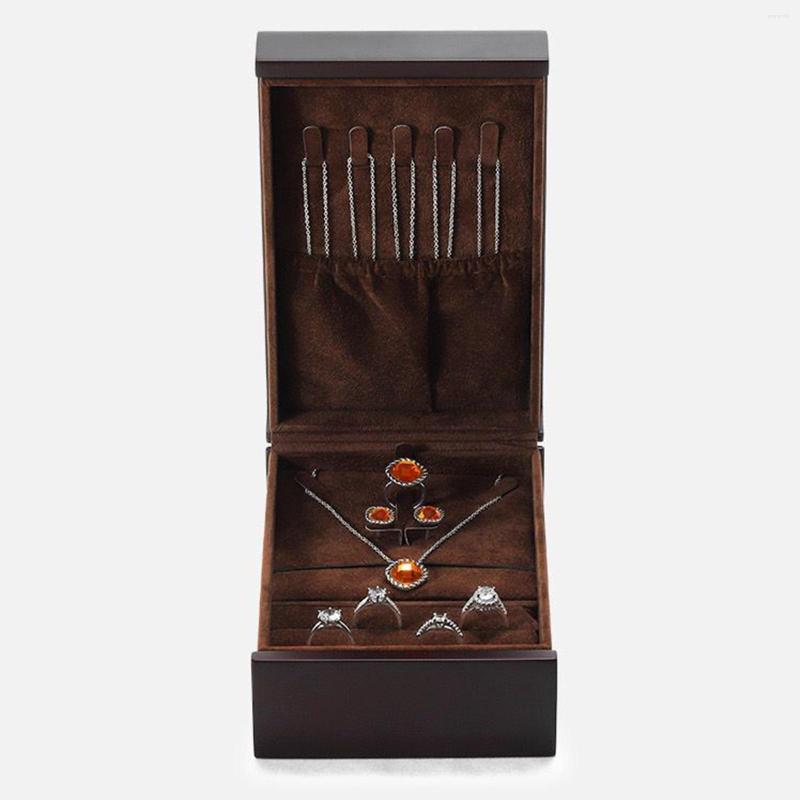 

Jewelry Pouches 2 Layers Wood Storage Box Display Holder 5 Hanging Hooks Portable Organizer For Rings Travel Case Jewellery Gift