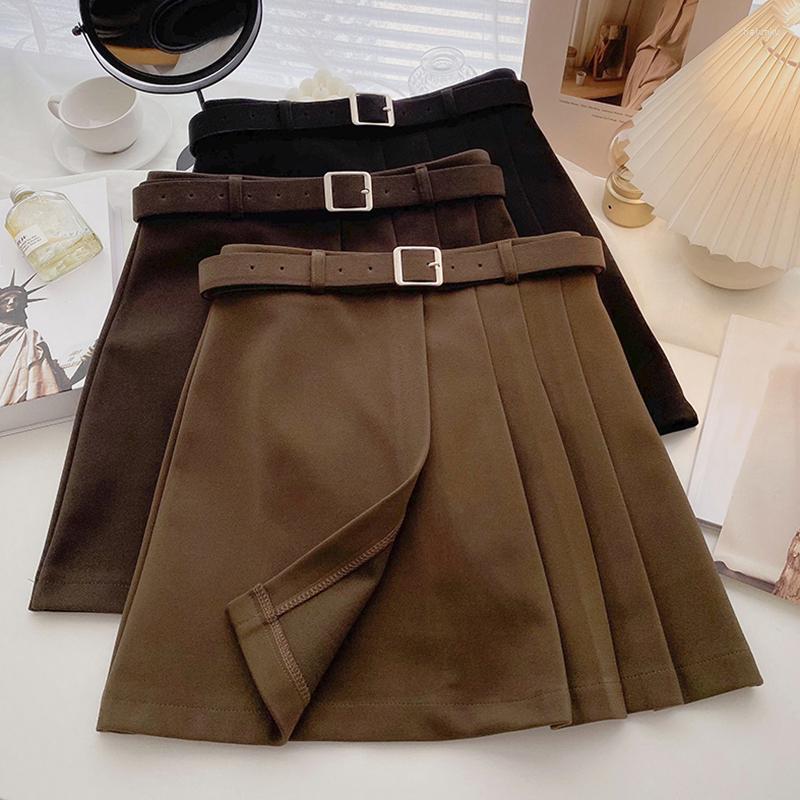 

Skirts Casual Korean Women Mini Skirt Ladies Summer Fashion Harajuku High Waist A-Line Belt Asymmetrical Solid Pleated Streetwear, Kaqi