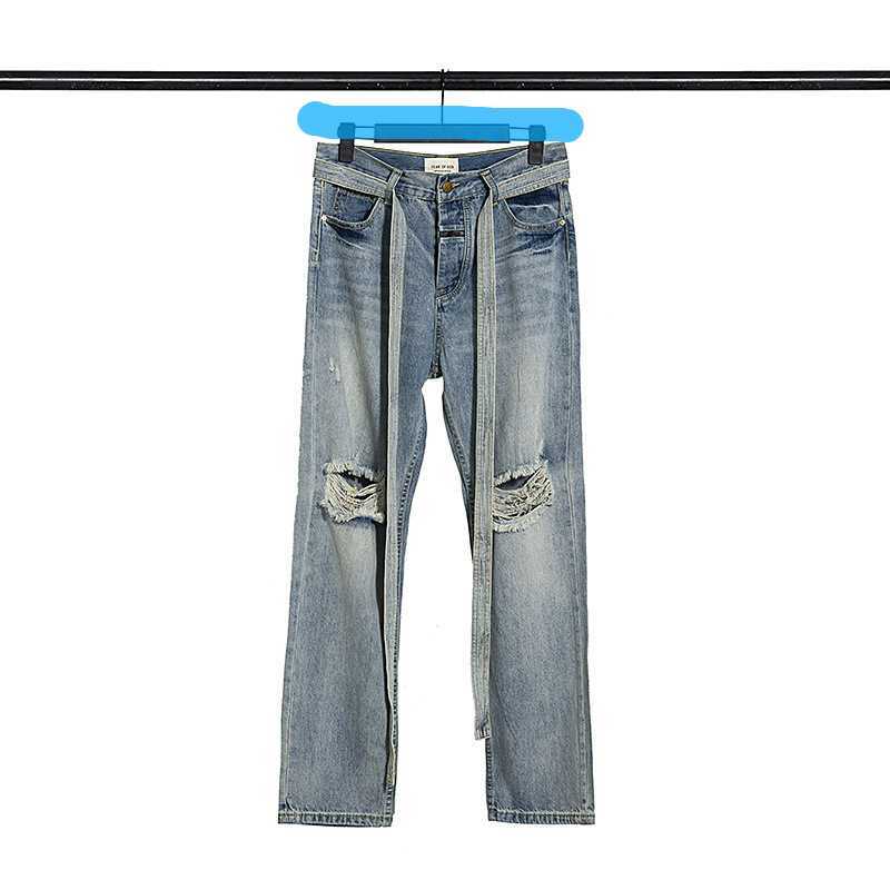 

Pants Men' Fog Jeans Fashion Strap Casual Men Women Justi Biber Ripped Hip Hop Slim Fit Designer Luxury Elastic Y2K With Strip, Light blue