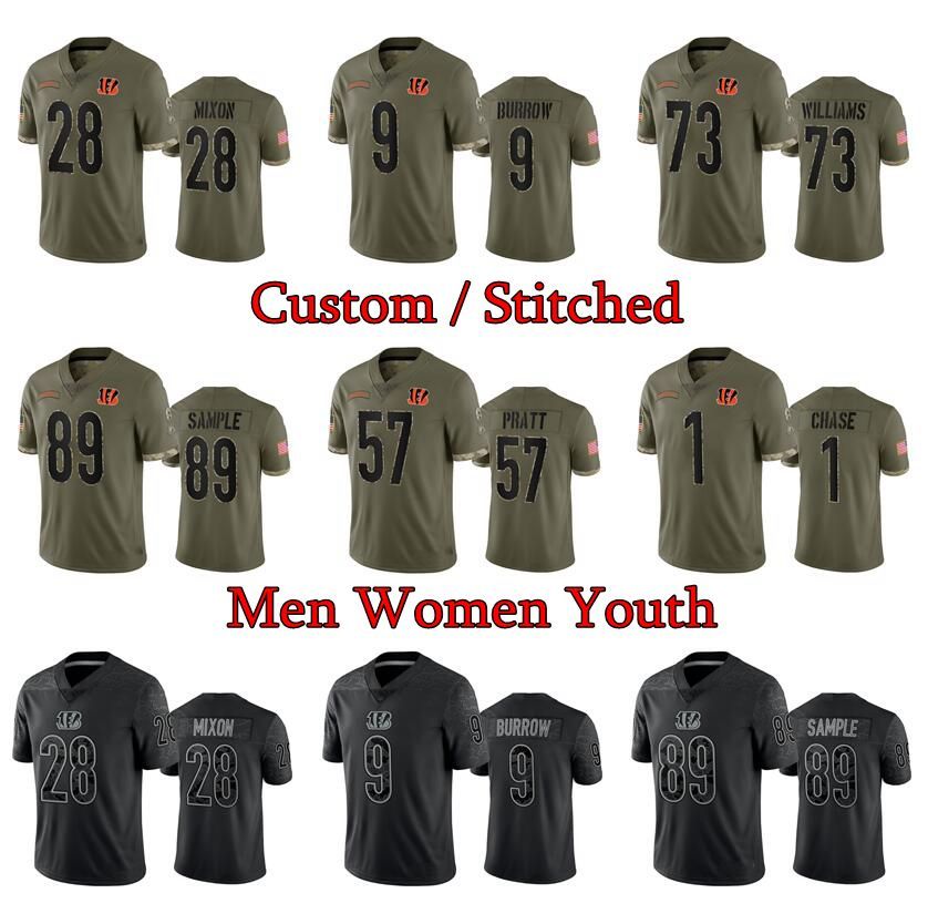 

Jersey Custom 9 Joe Burrow Cincinnati''Bengals''JaMarr Chase Jessie Bates III Tee Higgins Tyler Boyd Salute To Service Limited rugby football Jerseys, Stitched13