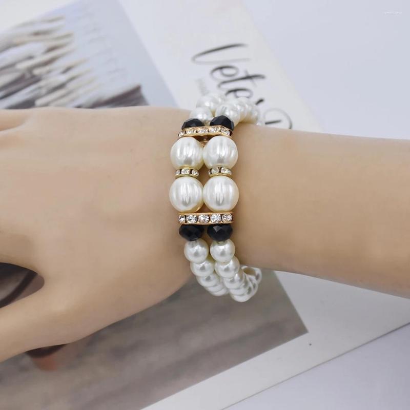 

Link Bracelets Baroque Elegant Double Layer White Imitation Crystal Pearl Bangles For Women Vintage Elastic Bohemian Charm Jewe