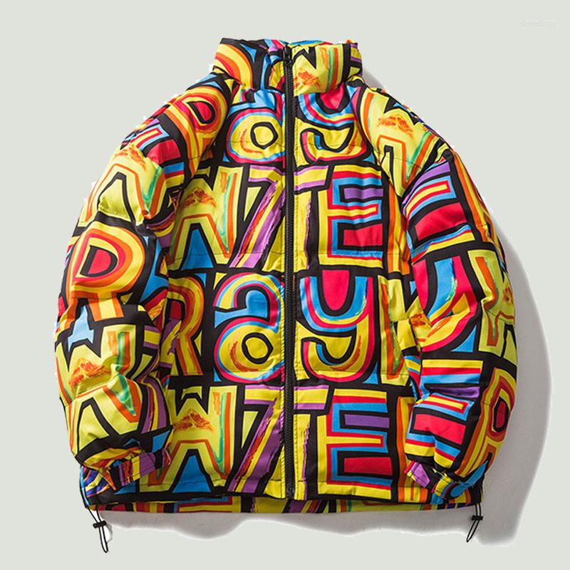 

Men's Down 2022 Fashion Hip Hop Parkas Jackets Mens Harajuku Streetwear Painting Letter Printed Patchwork Padded Warm Coats Unisex Winter, Yellow