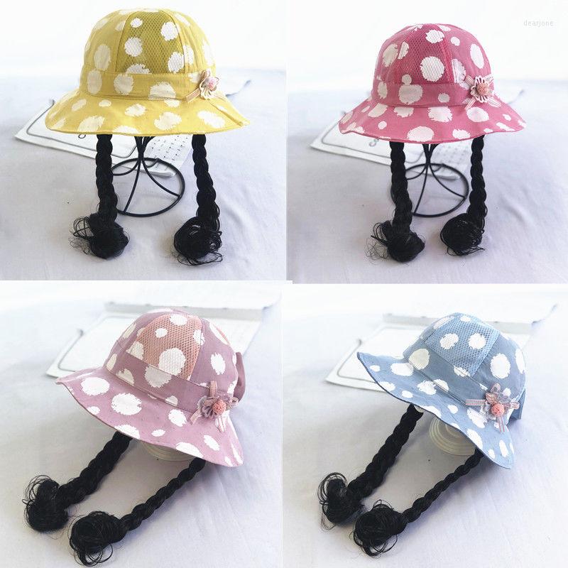 

Hats Korean Style Girls' Summer Wig Integrated Hat Mesh Big Brim Sun-Proof Bucket Cap Female Baby Beach Woven, Rose red without wig