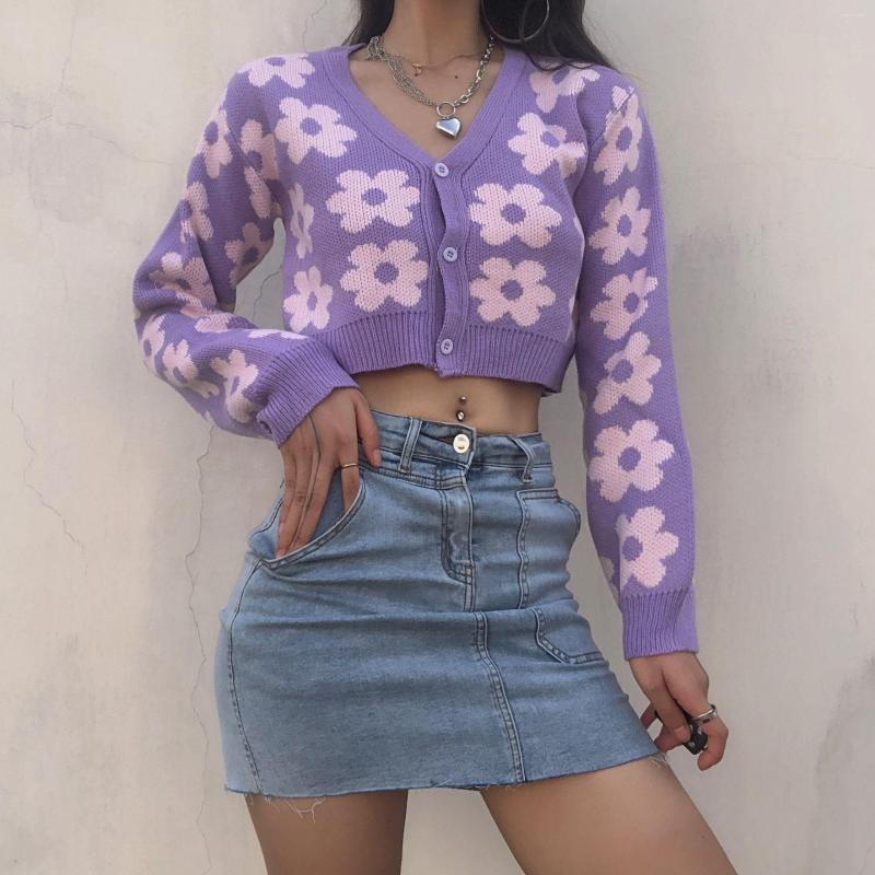 

Women' Knits Elegant Retro Sweet Cute Streetwear Top Floral Print V-neck Long Sleeve Sweater Cardigan Girl Y2k Autumn Winter Coat, Violet