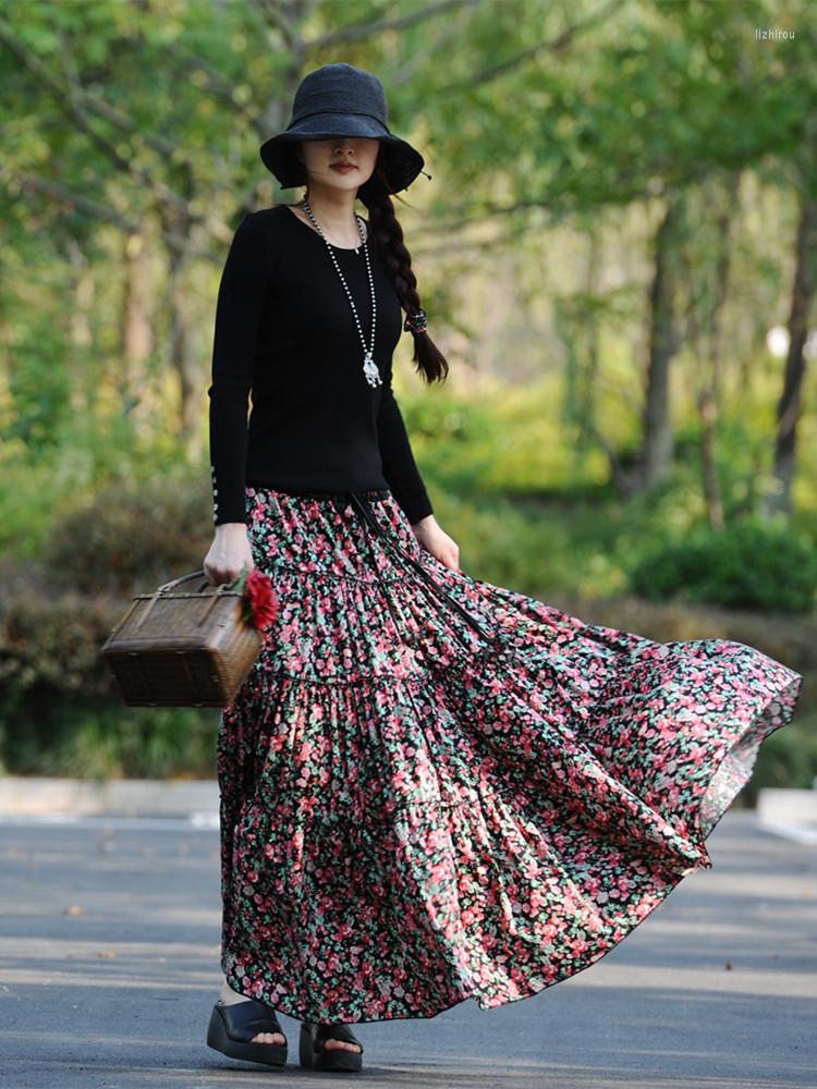 

Skirts 2022 Fashion Long Maxi A-line Elastic Waist Women Summer Spring -2XL Cotton Poplin Print Big Hem, As photos