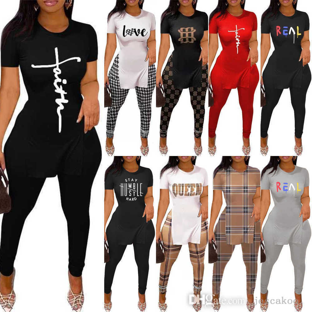 

Summer Desinger Women Letter Printed Tracksuits Sexy Split Short Sleeve T Shirt And Pants Outfits 2 Piece Matching Set, #17