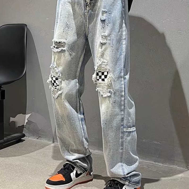 

Pants Men' Fog Jeans Fashion Checkerboard Patch Men Slim Zipper Holes Must Scrape Wash Long Justi Biber Ripped Hip Hop Fit Designer, N108 blue