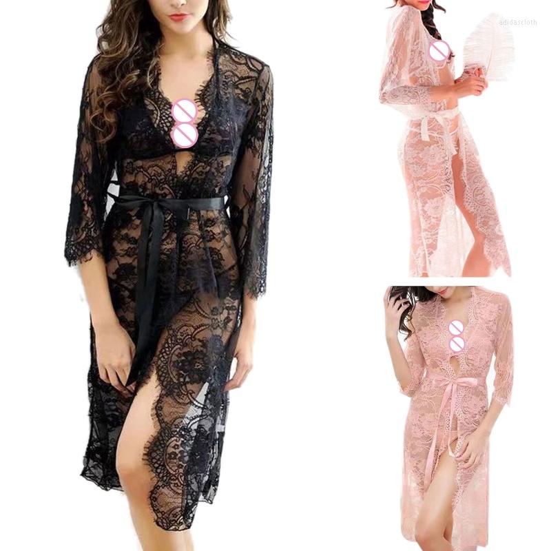 

Women's Sleepwear Women Sexy Eyelash Floral Lace 3 Piece Lingerie Set See-Through Kimono Robe Halter Bra And Panty G-String Mesh Nightgown, Black